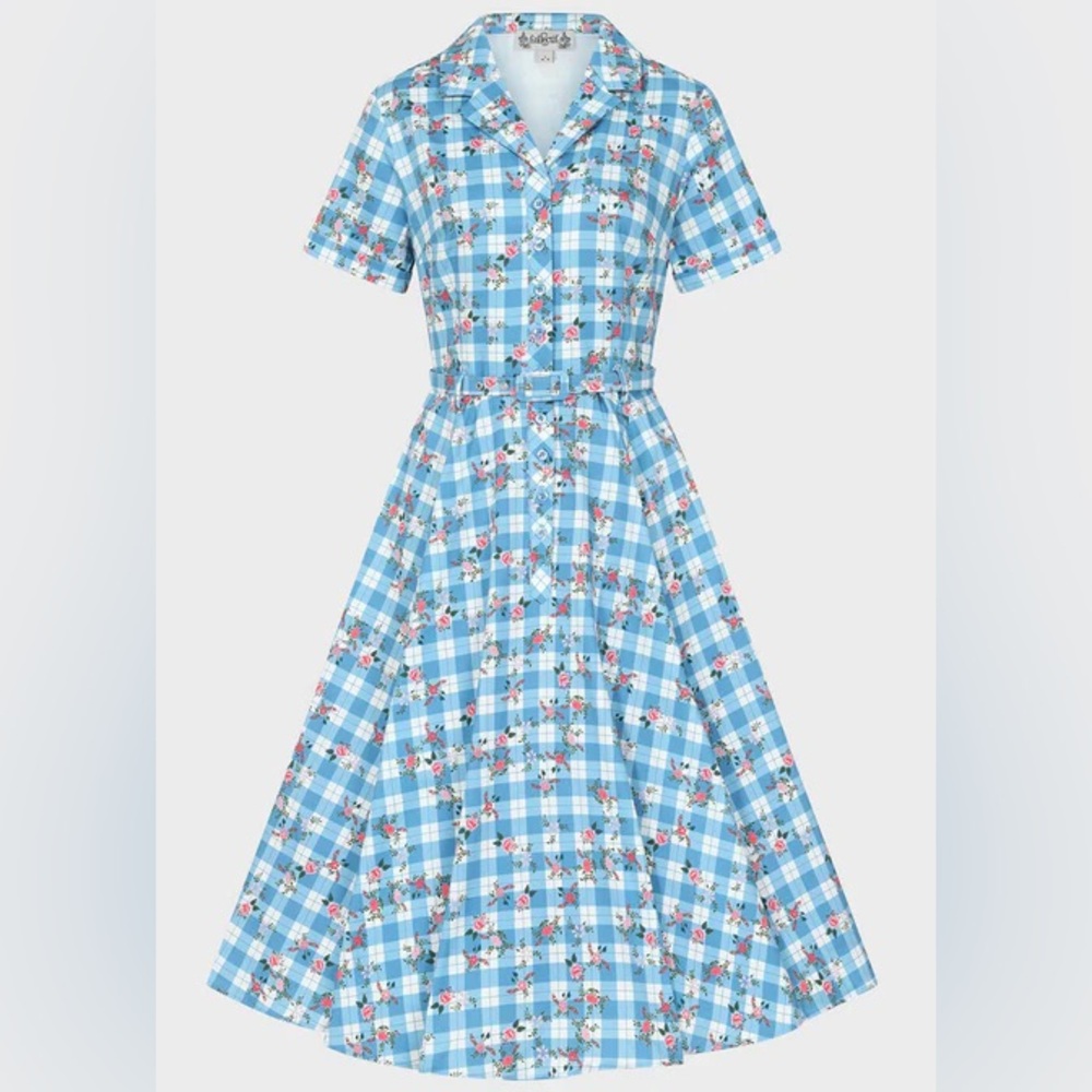 NWT Collectif London Blue Gingham Garden Caterina Pinup Dress: UK 14 / Large